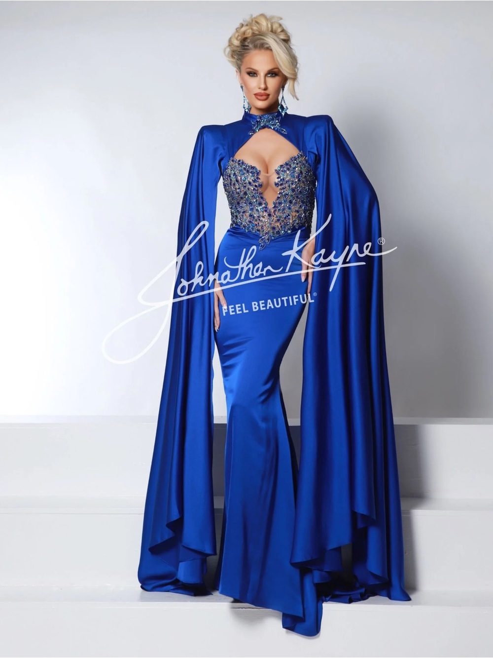 Johnathan Kayne Royal Blue Beaded Evening Gown with Dramatic Cape